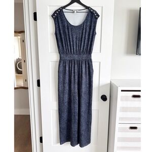 H Halston Womens Blue Abstract Print Sleeveless Jumpsuit Gold Shoulder Buttons S